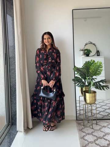 Midnight Whispers – Ruffle Georgette Maxi