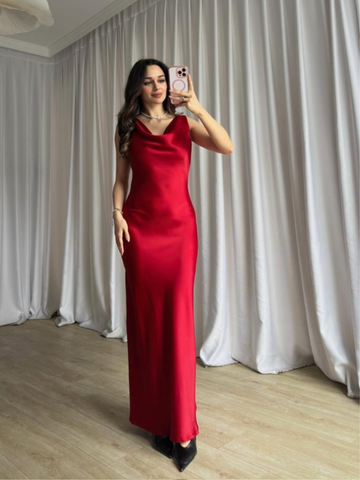 Crimson Kiss Satin Maxi Dress