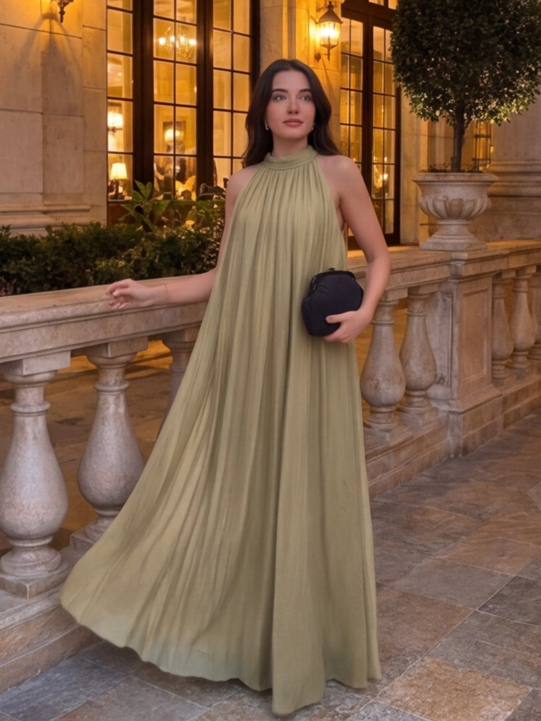 Olive Rose Organza Halter Maxi Dress