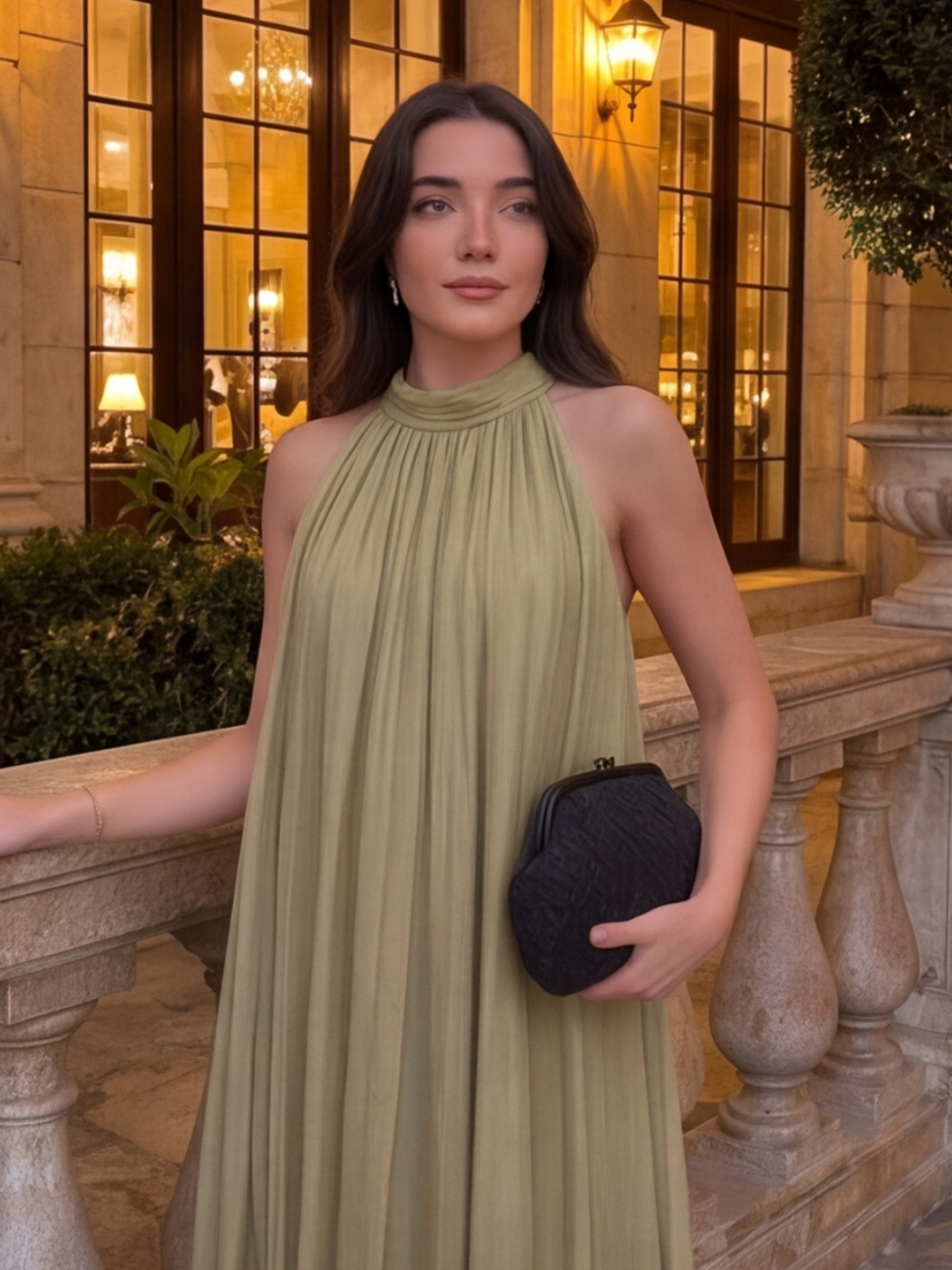Olive Rose Organza Halter Maxi Dress