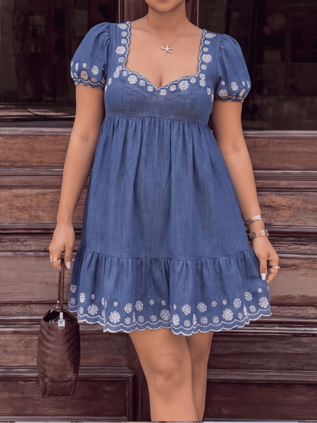 Indigo Bloom Curve Embroidered Dress