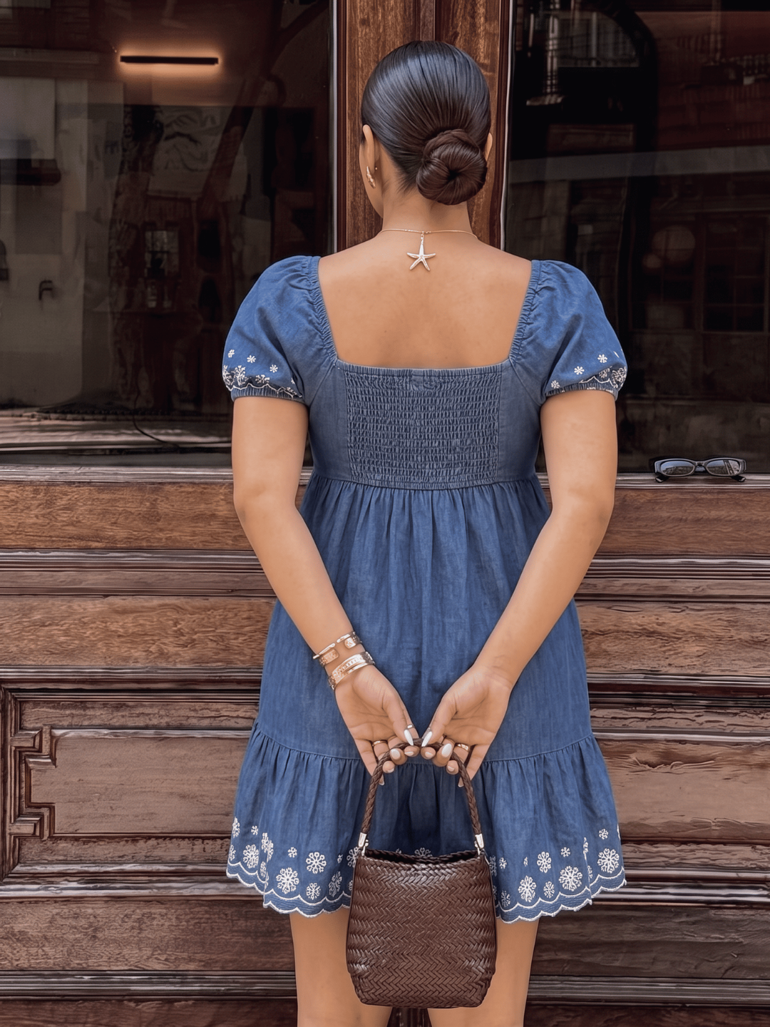 Indigo Bloom Curve Embroidered Dress