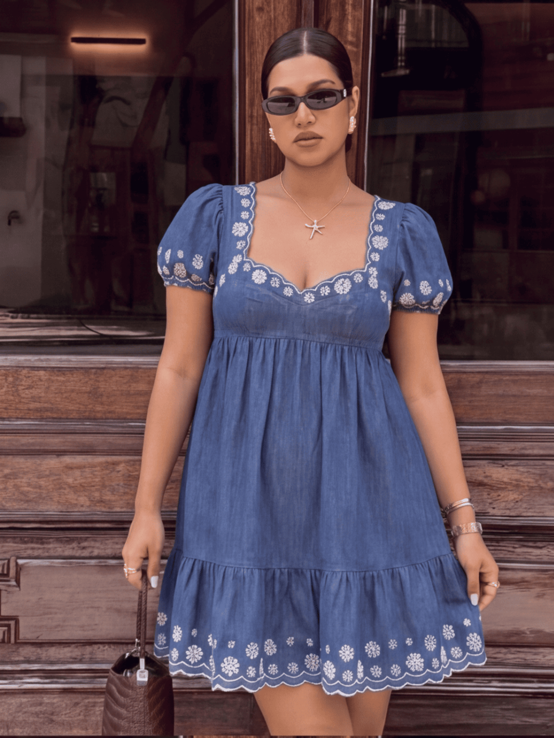 Indigo Bloom Curve Embroidered Dress