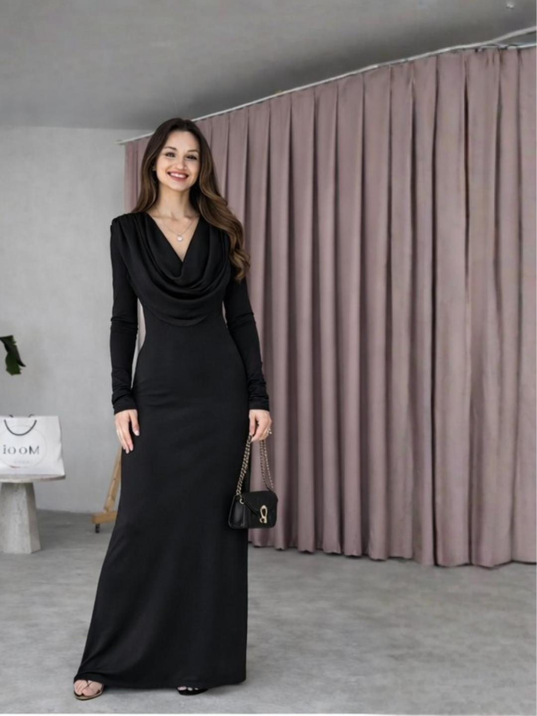 Midnight Allure Cowl-Neck Gown Dress