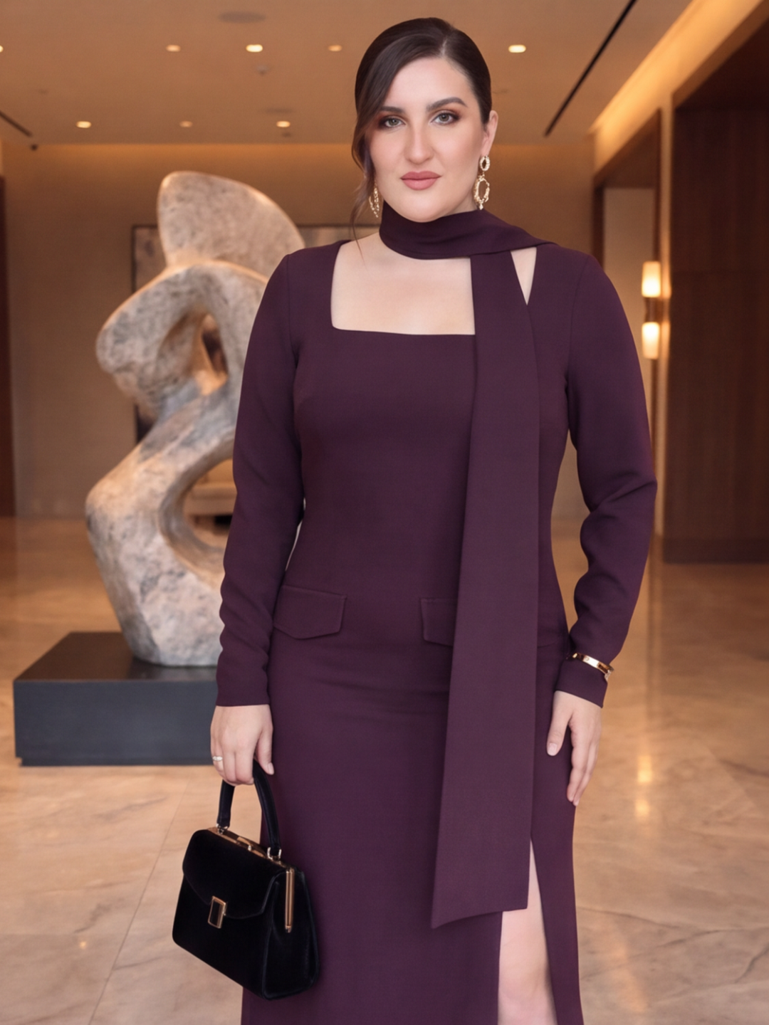 Wine Veil Curve Maxi Dress with Scarf