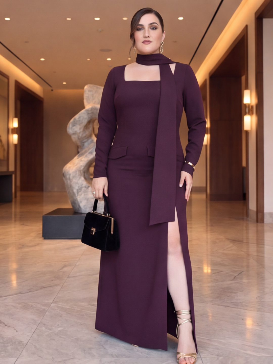 Wine Veil Curve Maxi Dress with Scarf