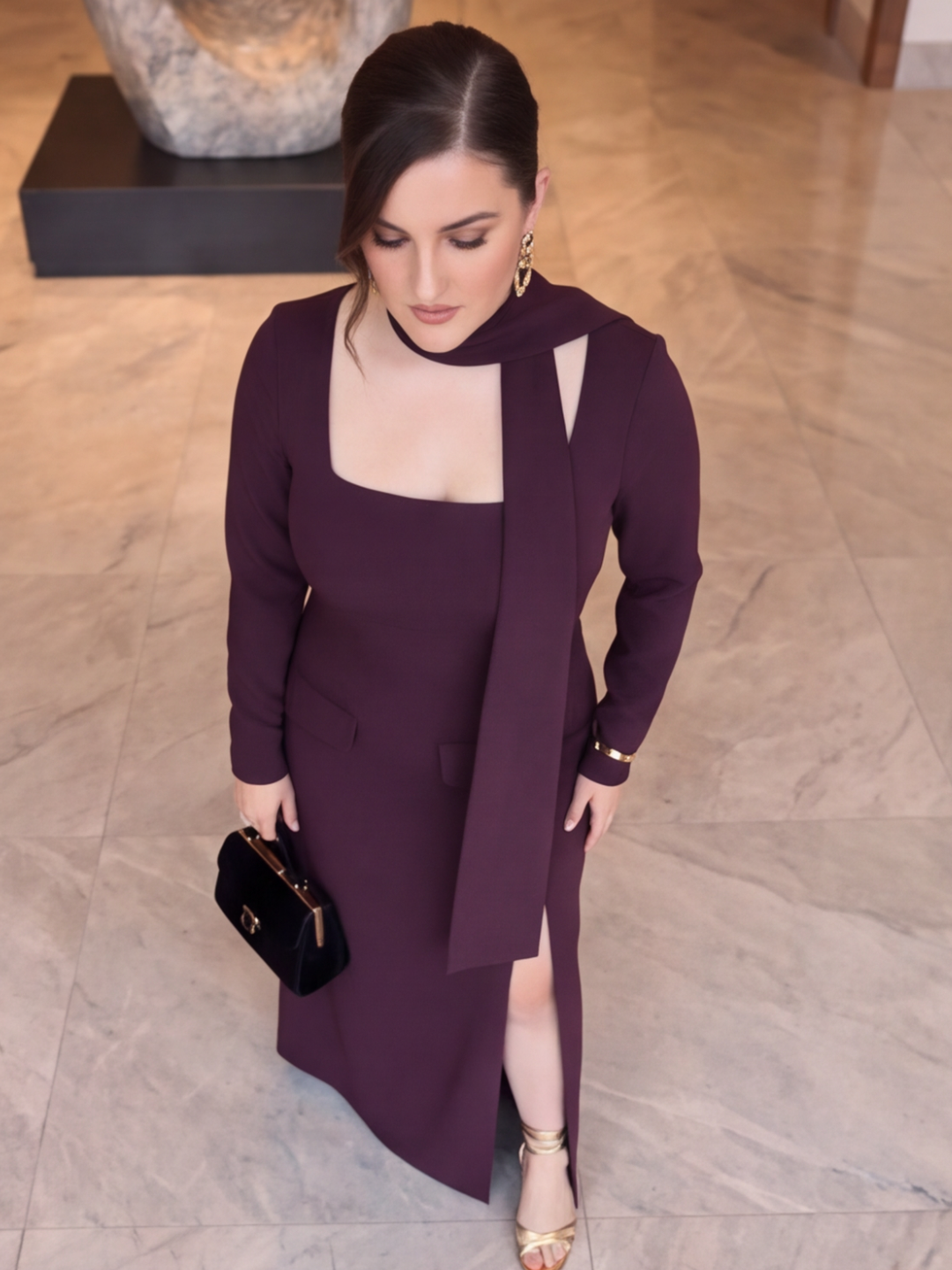 Wine Veil Curve Maxi Dress with Scarf