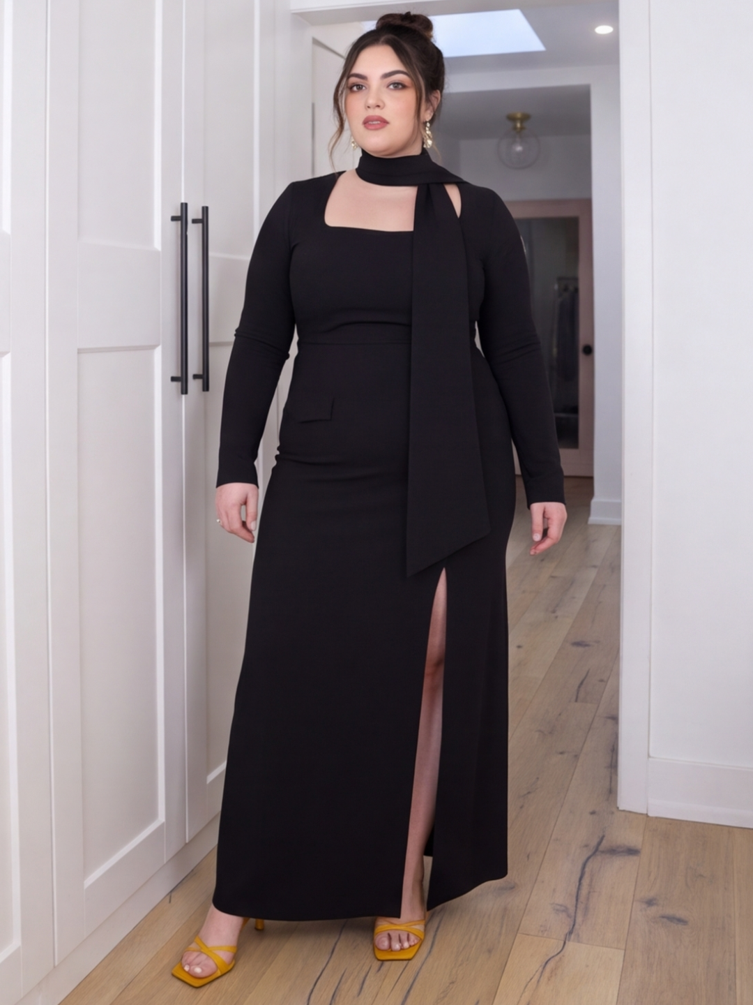 Noir Veil Curve Maxi Dress with Scarf