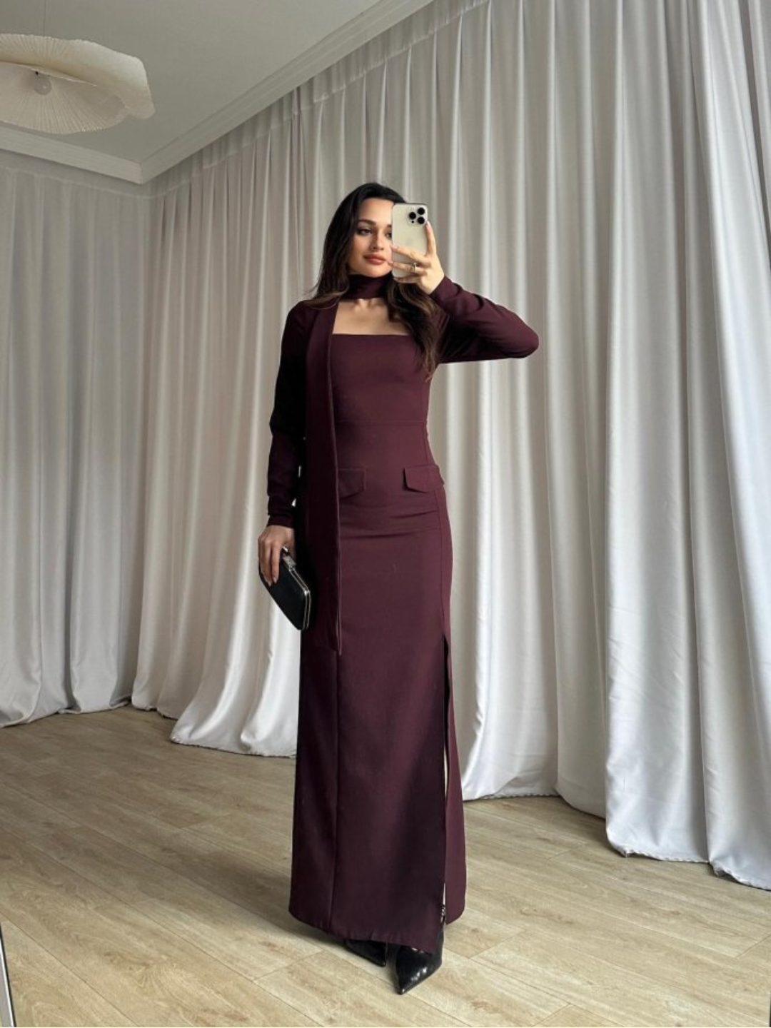 Wine Veil Maxi Dress with Scarf