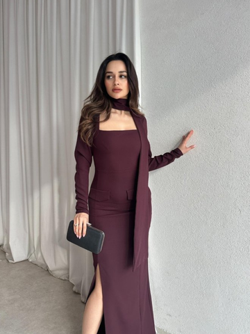 Wine Veil Maxi Dress with Scarf