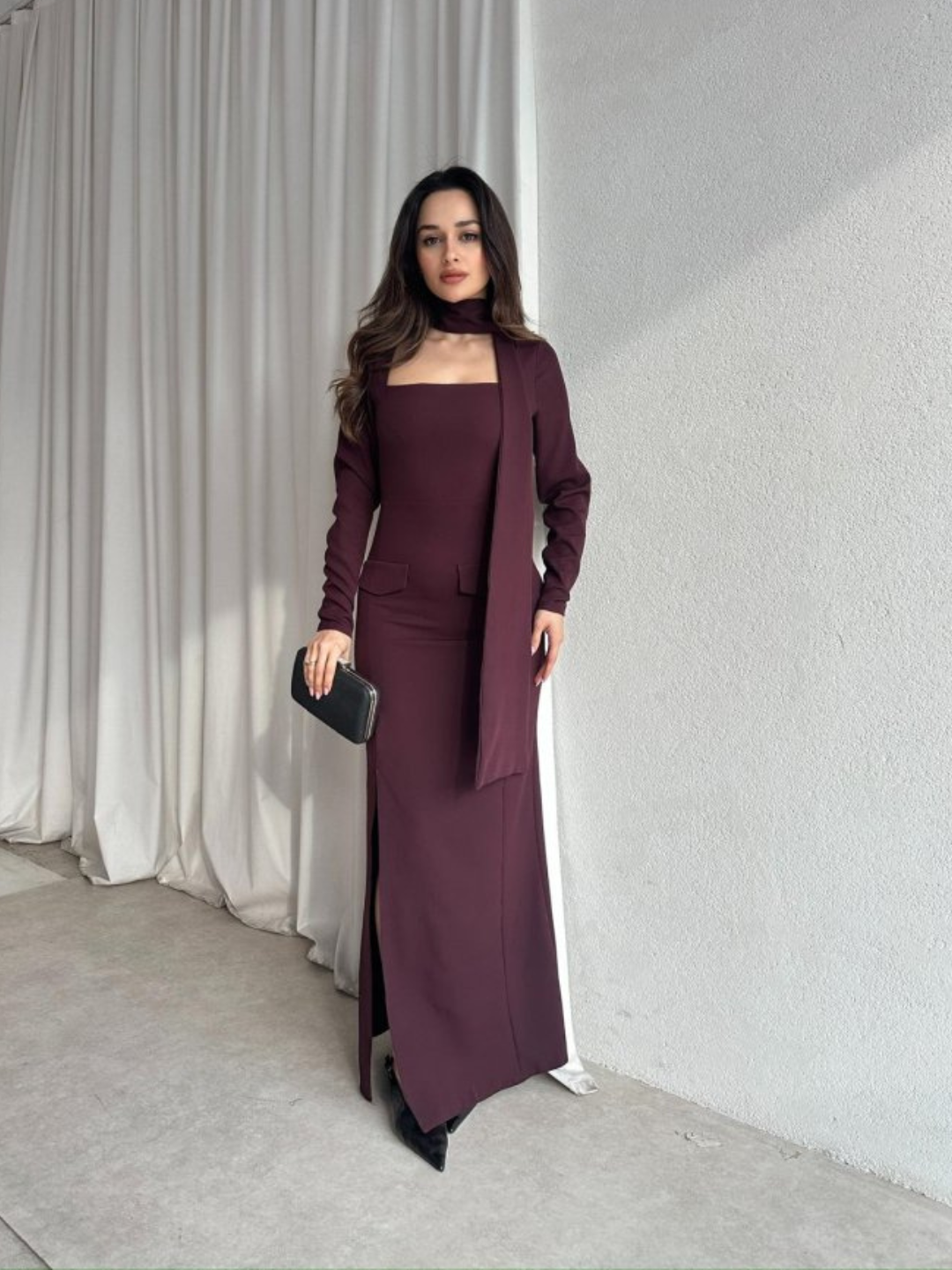 Wine Veil Maxi Dress with Scarf