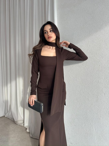 Cocoa Veil Maxi Dress with Scarf