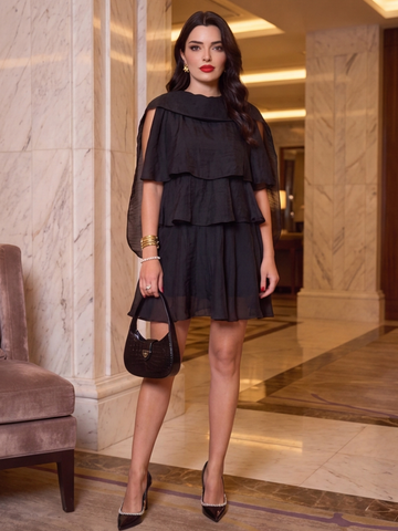 Noir Cascade Cape Mini Dress