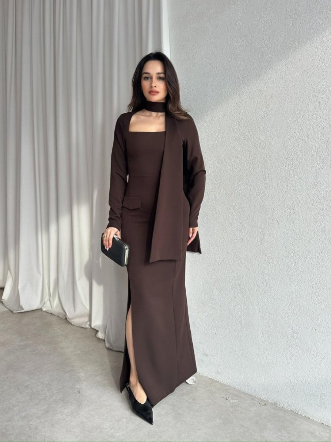 Cocoa Veil Maxi Dress with Scarf
