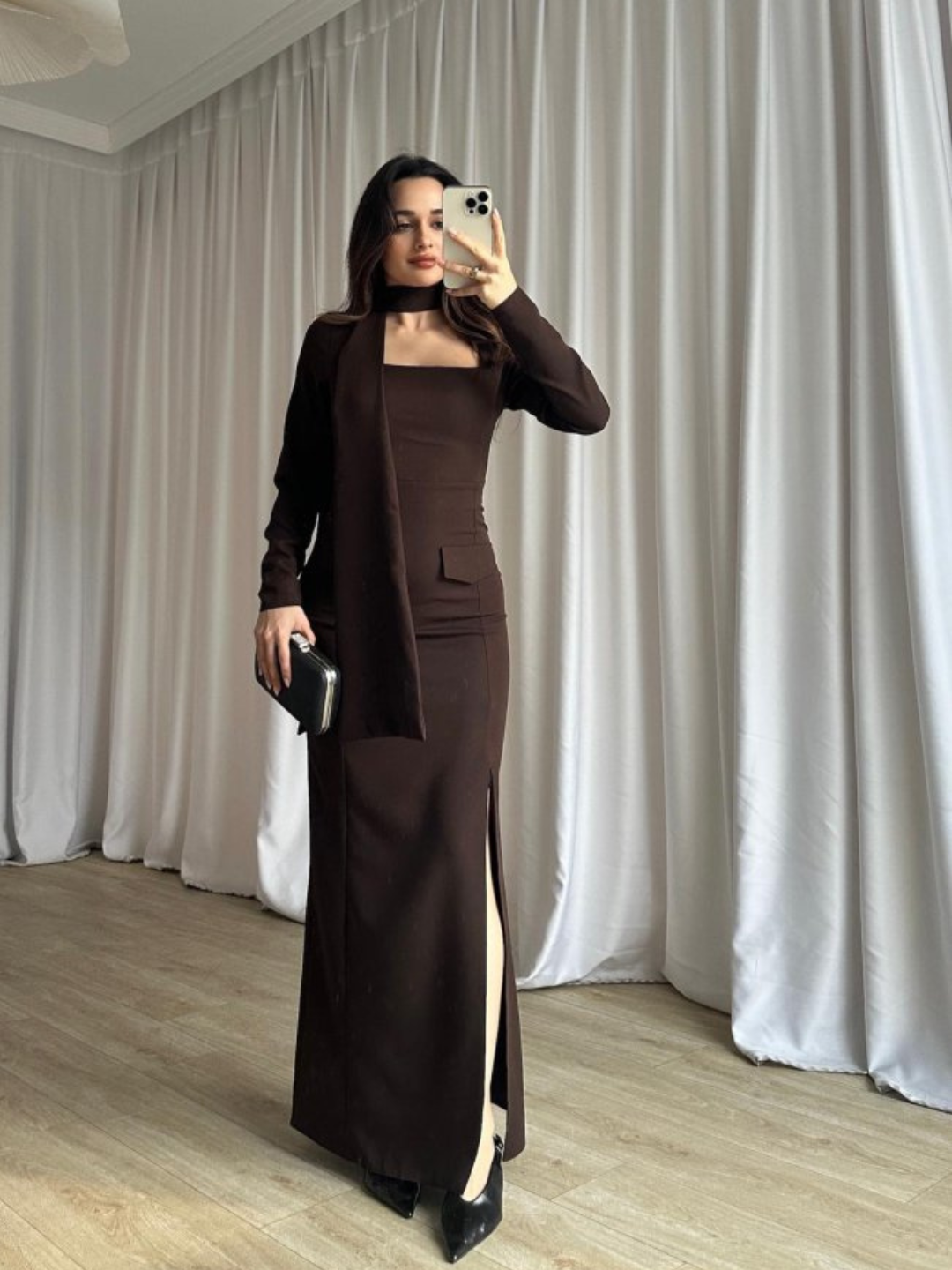 Cocoa Veil Maxi Dress with Scarf