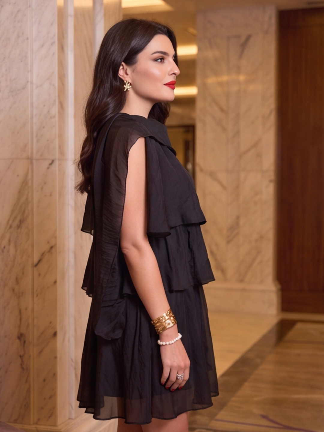 Noir Cascade Cape Mini Dress