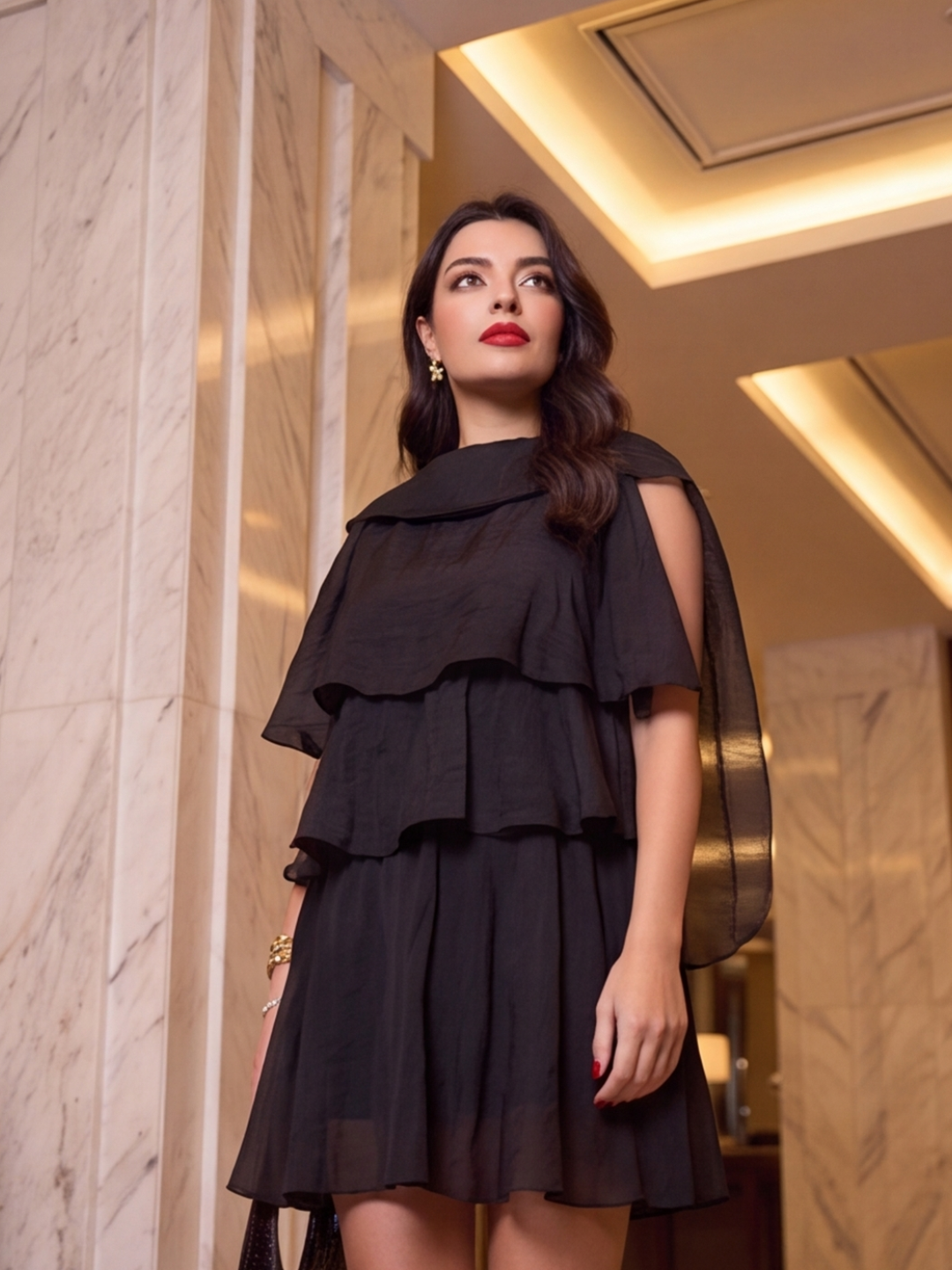 Noir Cascade Cape Mini Dress