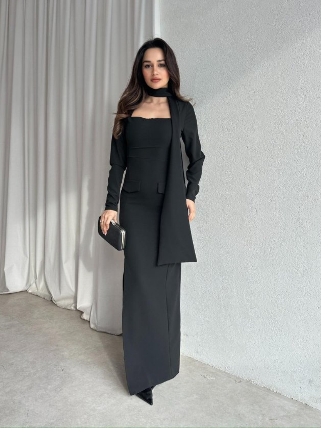Noir Veil Maxi Dress with Scarf