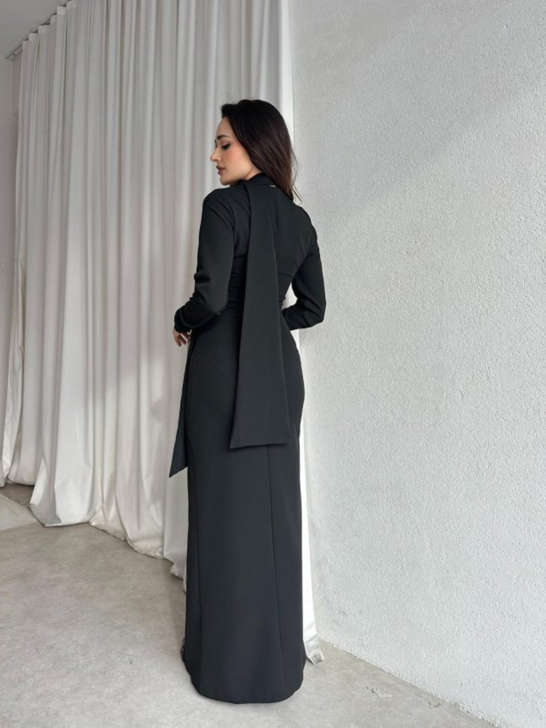 Noir Veil Maxi Dress with Scarf