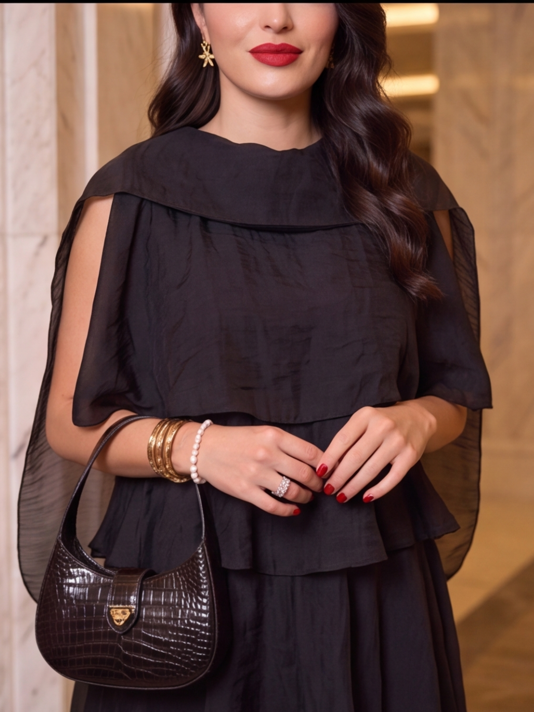 Noir Cascade Cape Mini Dress