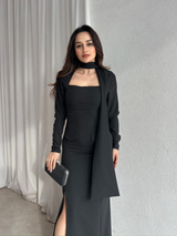 Noir Veil Maxi Dress with Scarf