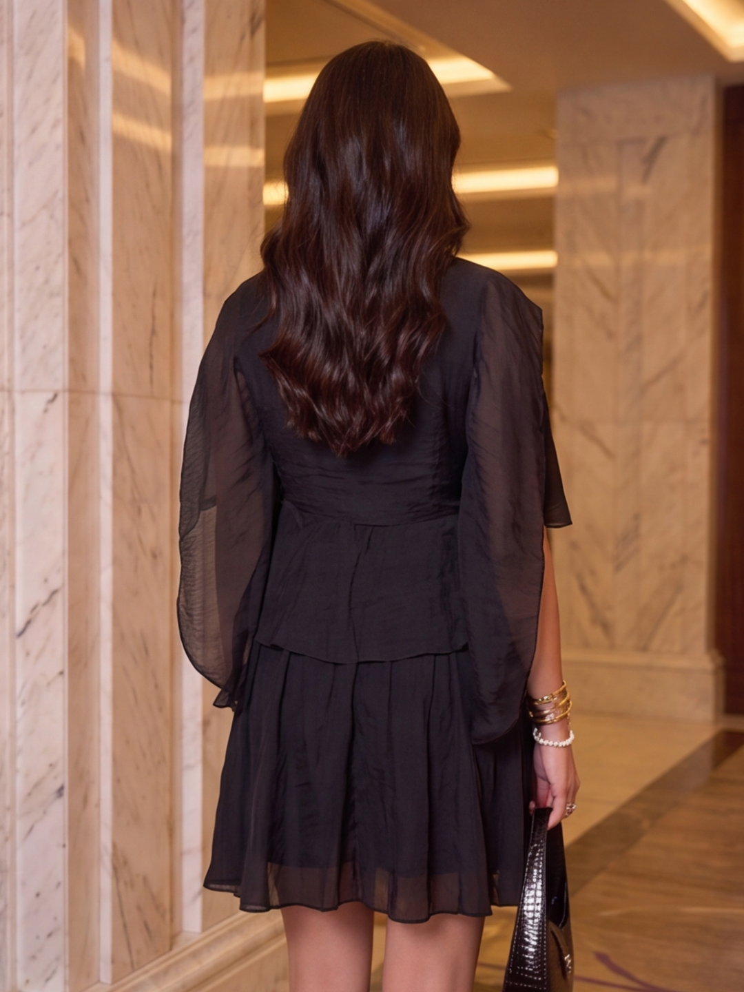 Noir Cascade Cape Mini Dress