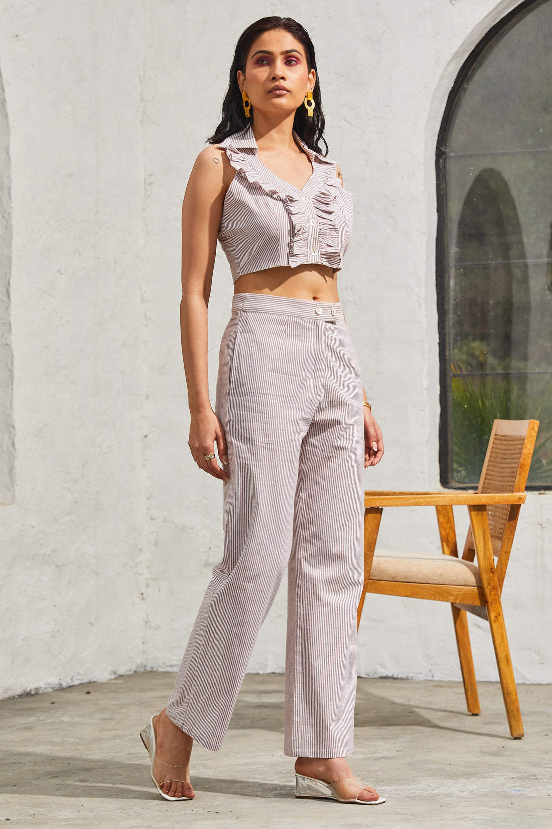Country Cotton Chic Co-ord Set with Ruffled Crop Top & High Waist Pants