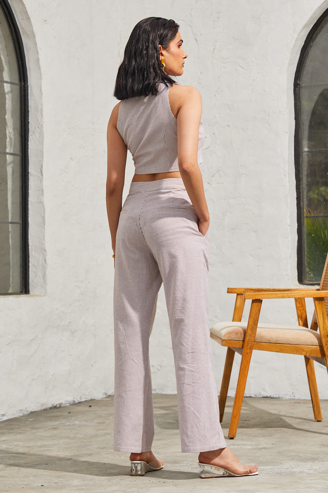Country Cotton Chic Co-ord Set with Ruffled Crop Top & High Waist Pants