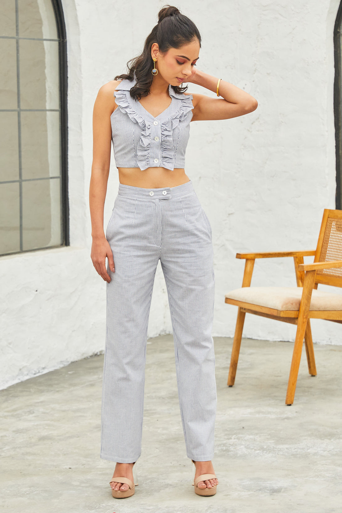 Country Cotton Chic Co-ord Set with Ruffled Crop Top & High Waist Pants
