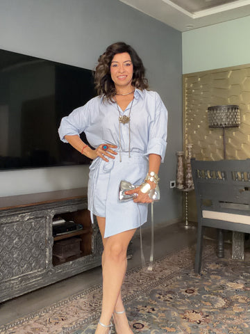 Breezy Blue Striped Shirt with Skirt Set