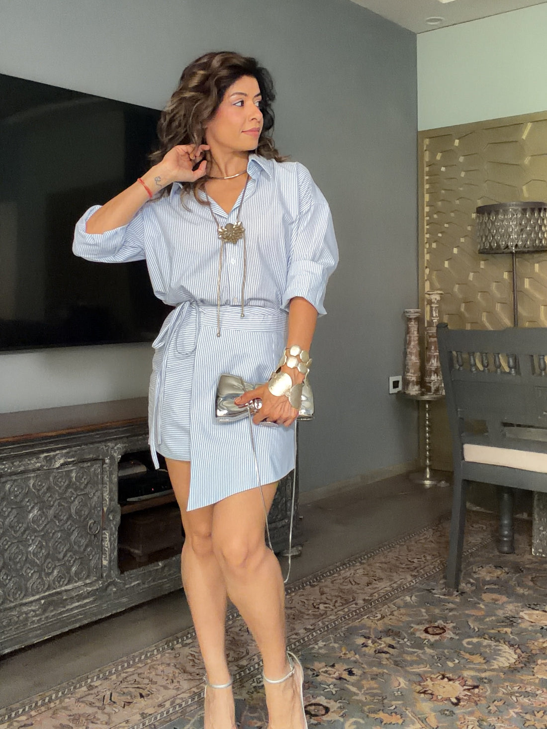 Breezy Blue Striped Shirt with Skirt Set