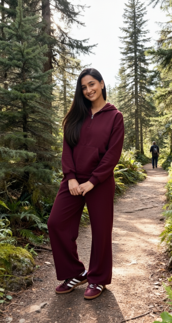 Wine Fleece Jogger Set with Hoodie