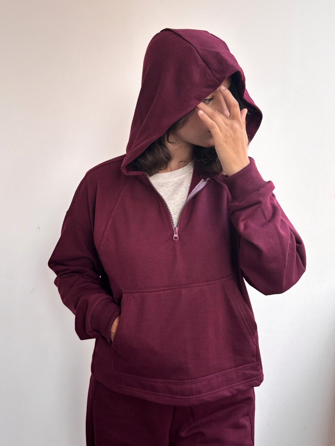 Wine Fleece Jogger Set With Hoodie