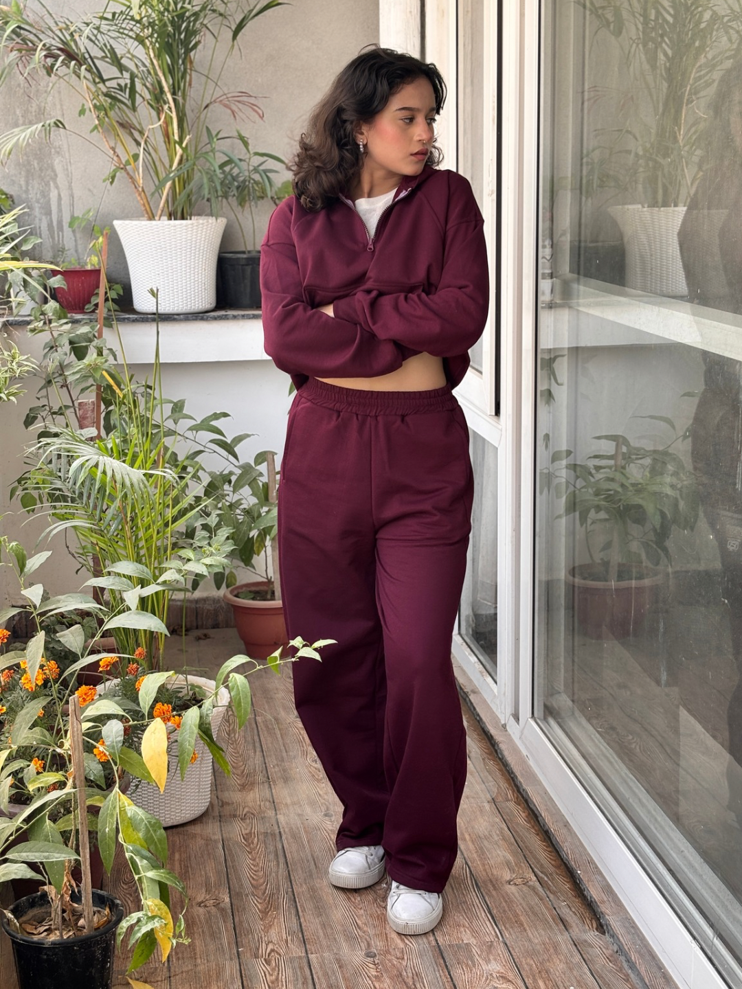Wine Fleece Jogger Set With Hoodie