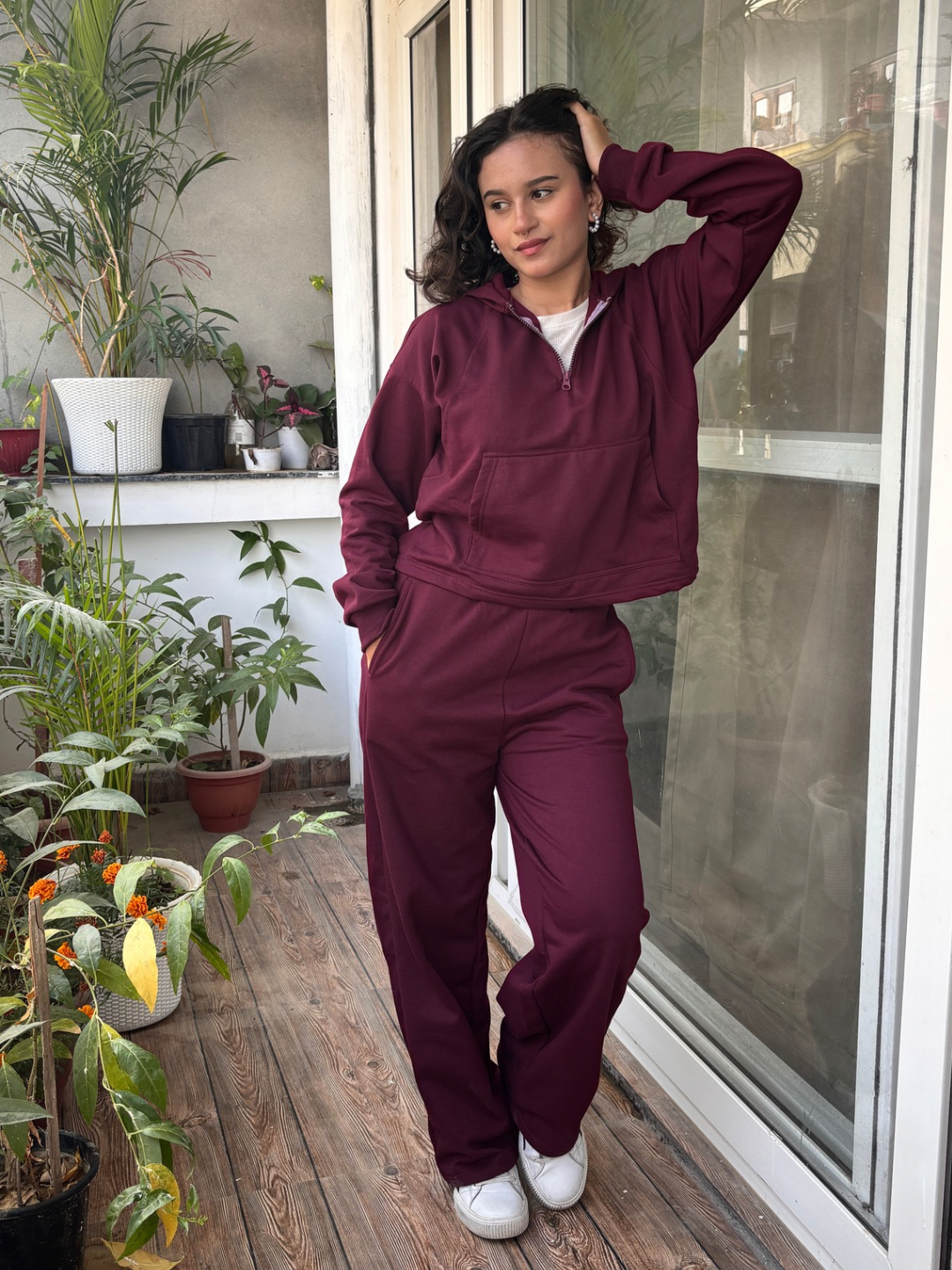 Wine Fleece Jogger Set With Hoodie