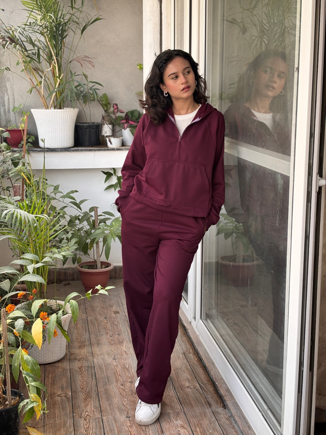 Wine Fleece Jogger Set With Hoodie